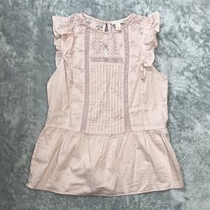 Hinge Pink Lace and Ruffle Peplum Blouse